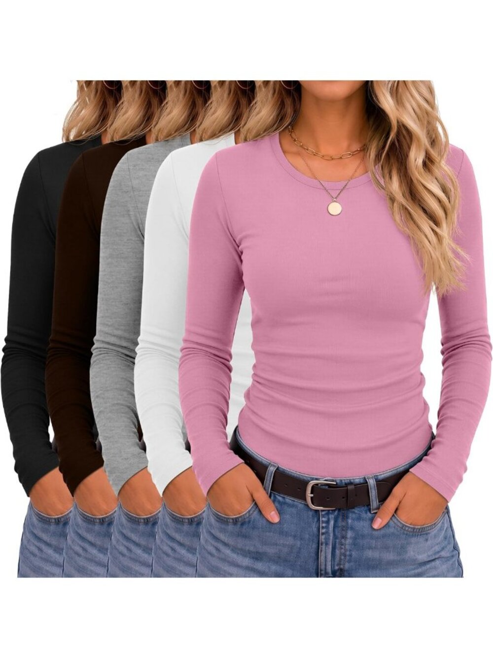 5 Pack Women's Slim Fit Long Sleeve Tops - Essential Basics for Every Wardrobe